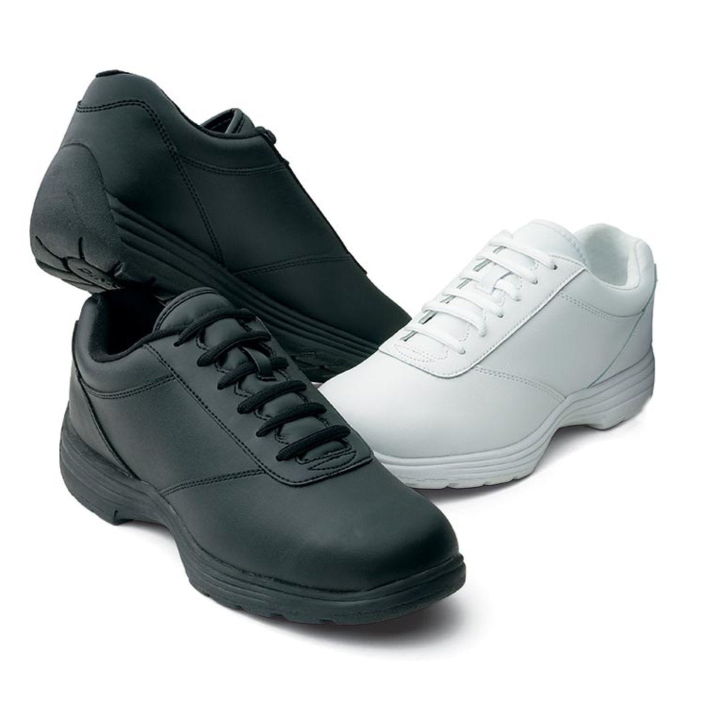 Dinkles Edge marching band shoe in black/white polished vinyl with lace-up oxford styling, padded collar, and low-profile rubber heel—designed for precision parade and field performance.