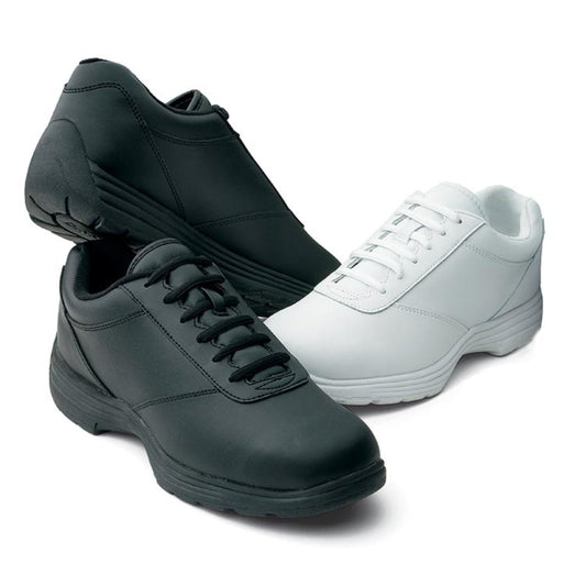 Dinkles Edge marching band shoe in black/white polished vinyl with lace-up oxford styling, padded collar, and low-profile rubber heel—designed for precision parade and field performance.