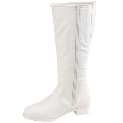 Side view of white Dallas Team Boot highlighting inside zipper, fully lined soft vinyl upper, and cushioned heel for performance comfort.